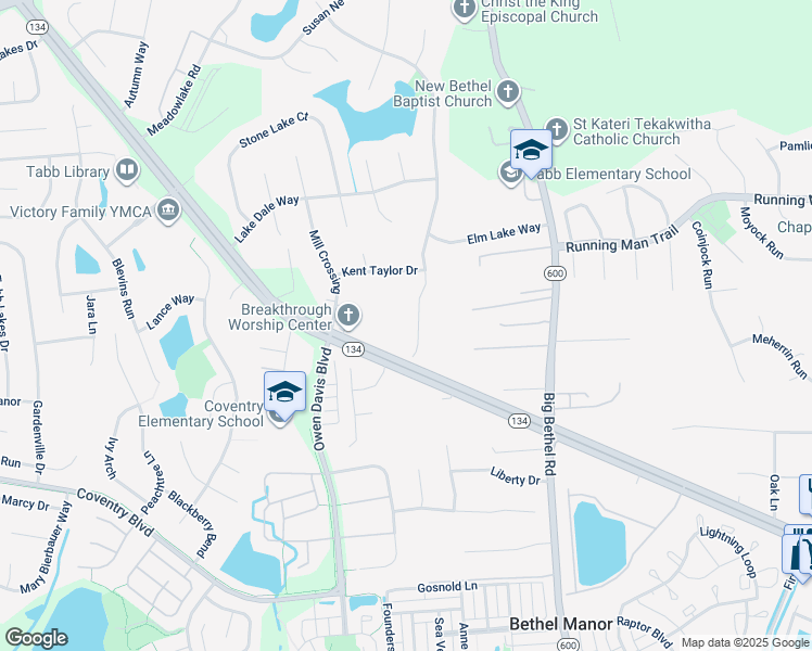 map of restaurants, bars, coffee shops, grocery stores, and more near 610 Lakeland Crescent in Yorktown