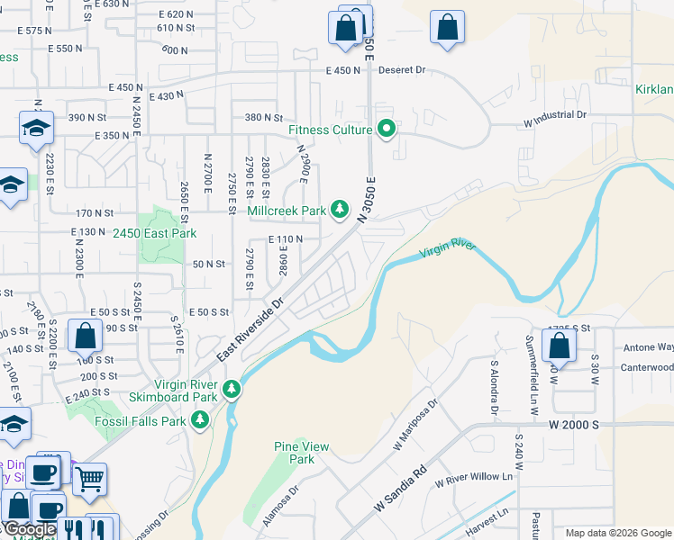 map of restaurants, bars, coffee shops, grocery stores, and more near 2990 East Riverside Drive in St. George