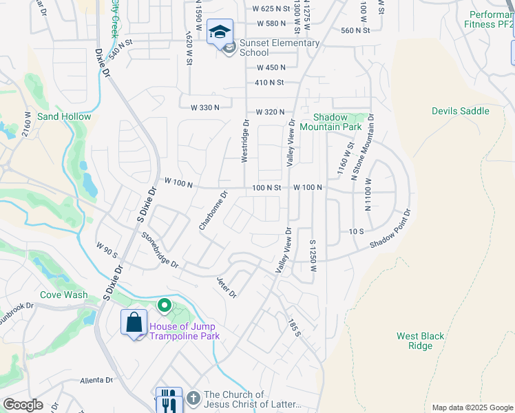 map of restaurants, bars, coffee shops, grocery stores, and more near 39 North Valley View Drive in St. George