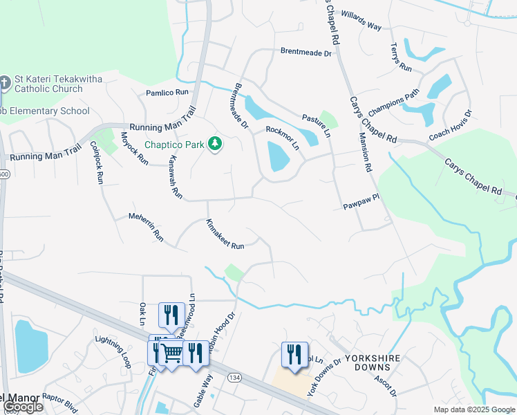 map of restaurants, bars, coffee shops, grocery stores, and more near 602 Kanawah Run in Yorktown