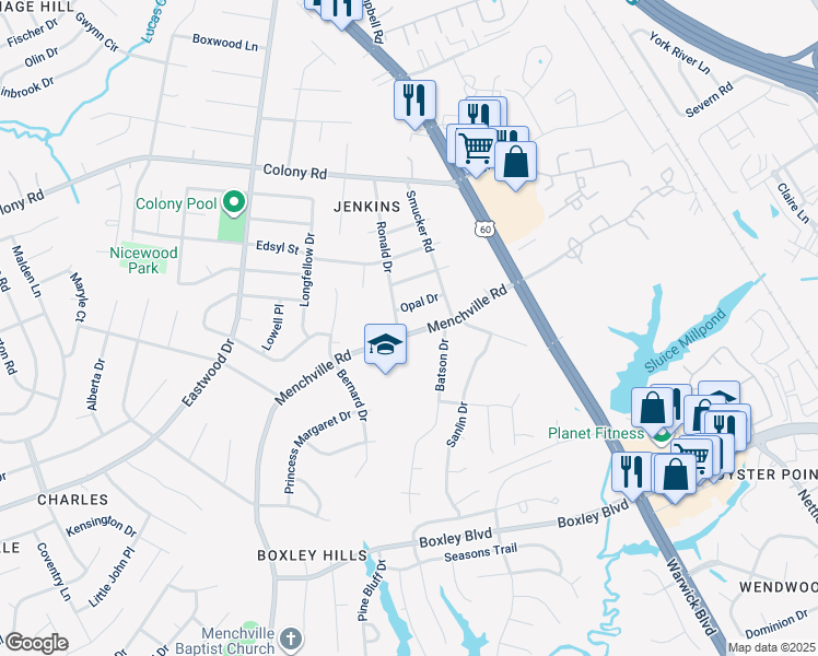 map of restaurants, bars, coffee shops, grocery stores, and more near 63 Menchville Road in Newport News