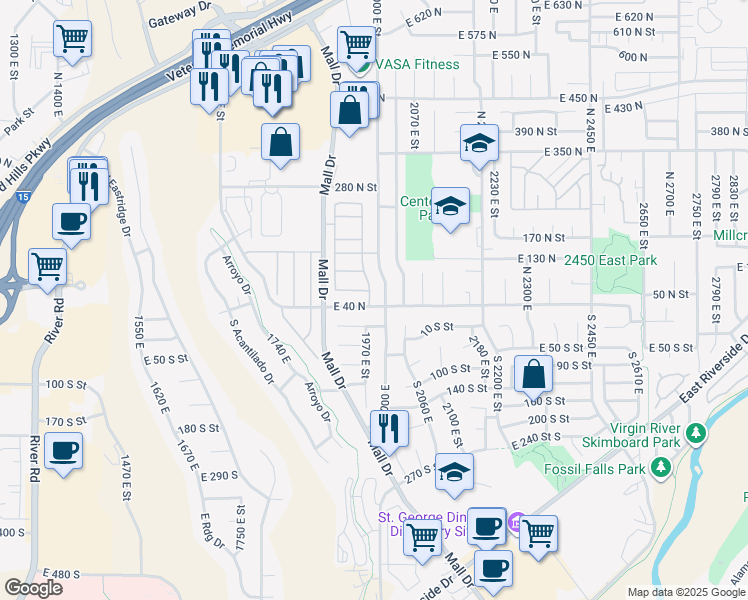 map of restaurants, bars, coffee shops, grocery stores, and more near 210 North Mall Drive in St. George