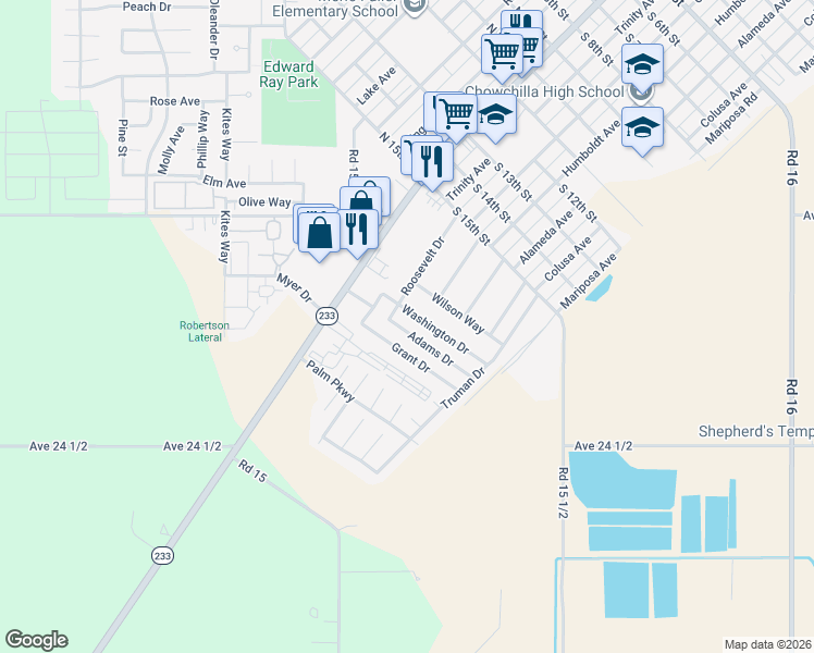 map of restaurants, bars, coffee shops, grocery stores, and more near 509 Adams Drive in Chowchilla