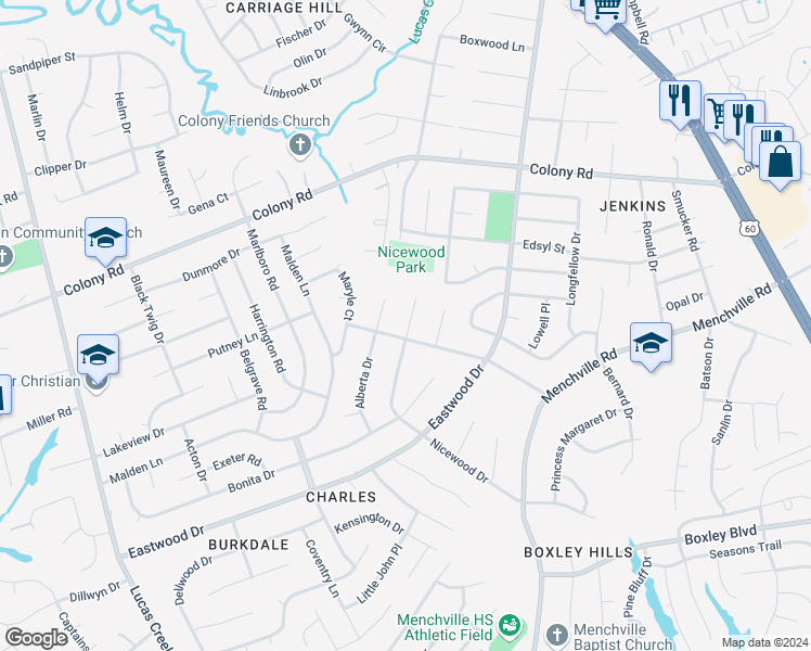 map of restaurants, bars, coffee shops, grocery stores, and more near 203 Nicewood Drive in Newport News