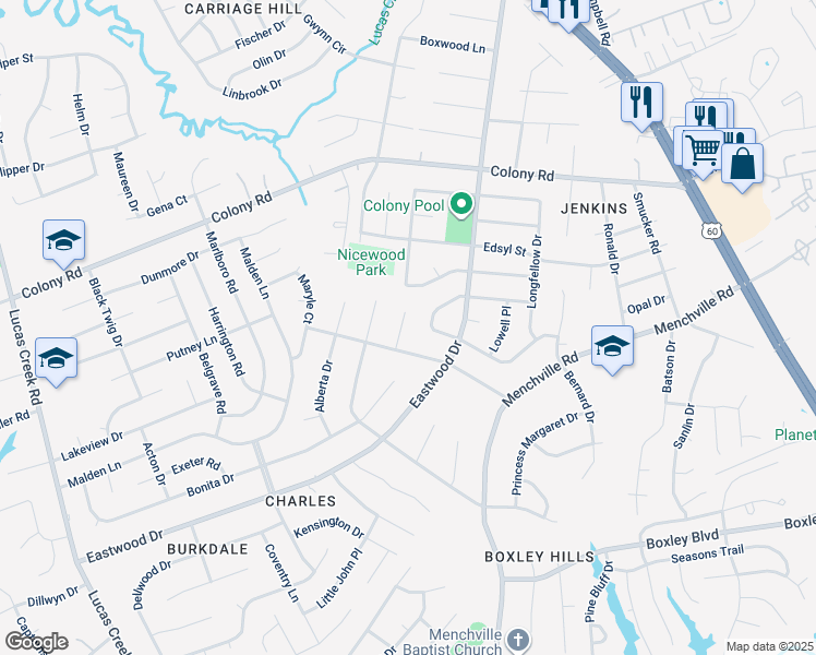 map of restaurants, bars, coffee shops, grocery stores, and more near 206 Cheryl Circle in Newport News