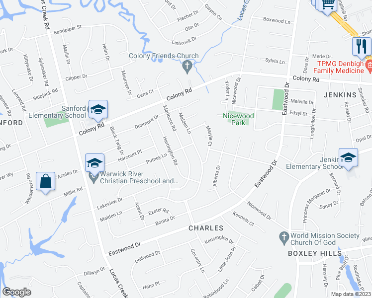 map of restaurants, bars, coffee shops, grocery stores, and more near 318 Marlboro Road in Newport News