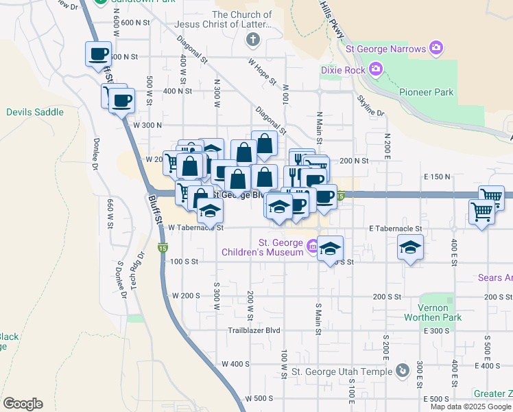 map of restaurants, bars, coffee shops, grocery stores, and more near 22 North 200 West in St. George