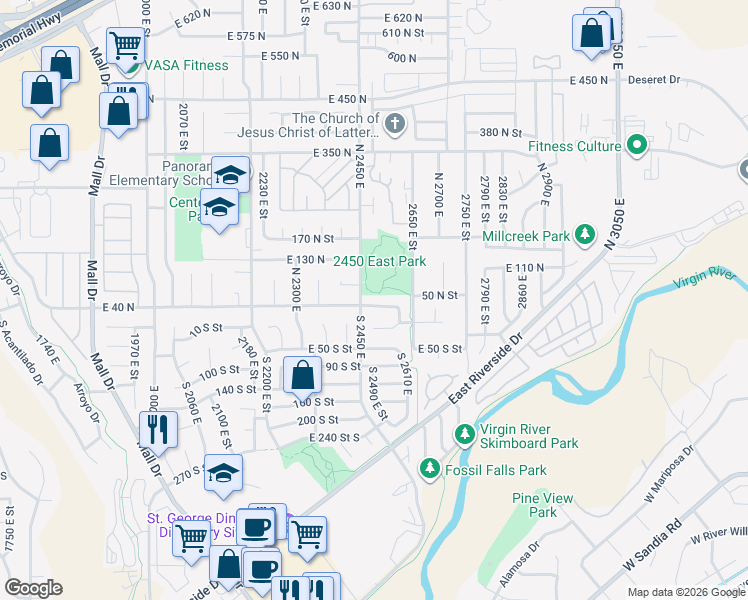 map of restaurants, bars, coffee shops, grocery stores, and more near 2499 East 40 North in St. George