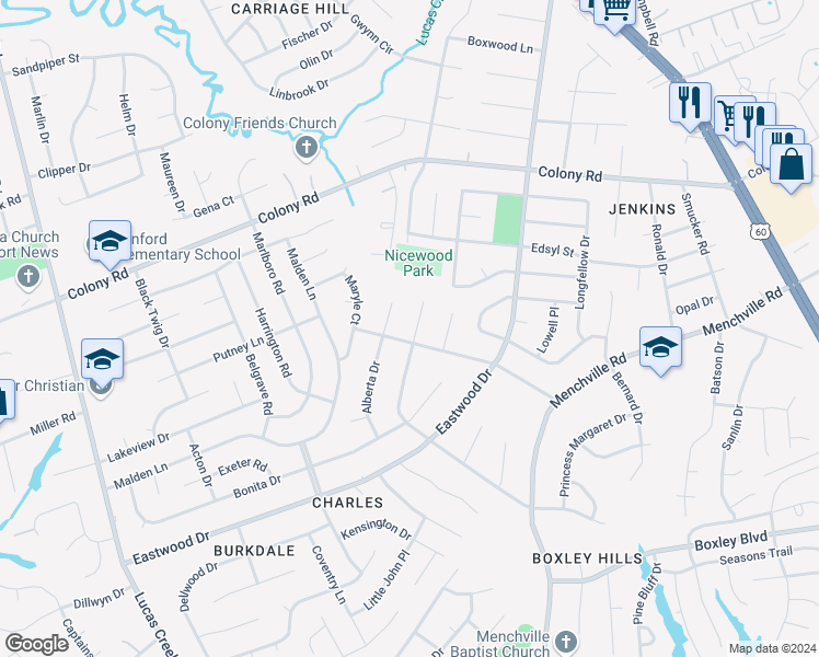 map of restaurants, bars, coffee shops, grocery stores, and more near 203 Nicewood Drive in Newport News