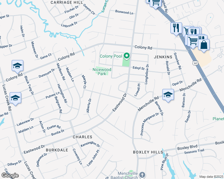 map of restaurants, bars, coffee shops, grocery stores, and more near 206 Cheryl Circle in Newport News