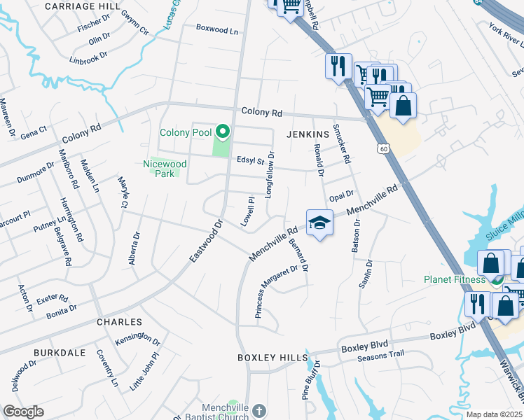 map of restaurants, bars, coffee shops, grocery stores, and more near 142 Longfellow Drive in Newport News