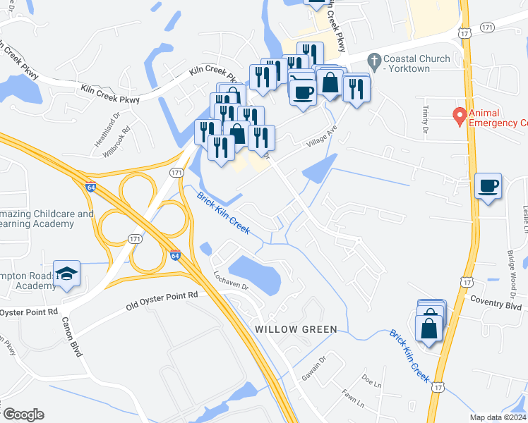 map of restaurants, bars, coffee shops, grocery stores, and more near 925 Ivystone Way in Newport News