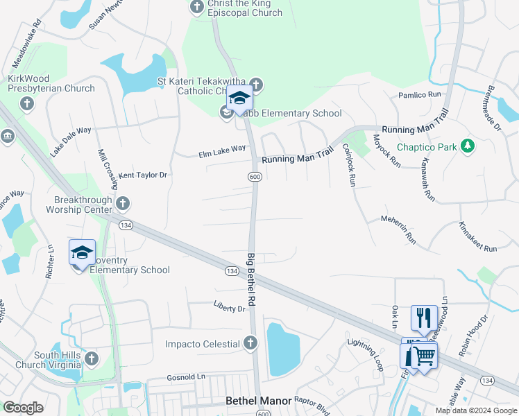 map of restaurants, bars, coffee shops, grocery stores, and more near 3410 Big Bethel Road in Yorktown