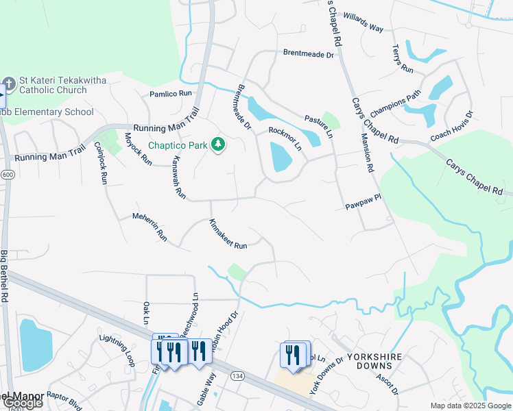 map of restaurants, bars, coffee shops, grocery stores, and more near 600 Kanawah Run in Yorktown