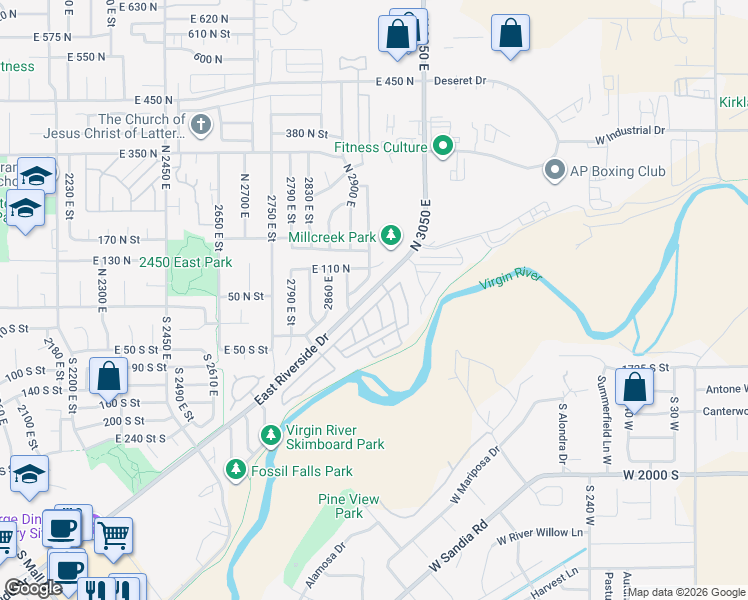 map of restaurants, bars, coffee shops, grocery stores, and more near 2990 East Riverside Drive in St. George