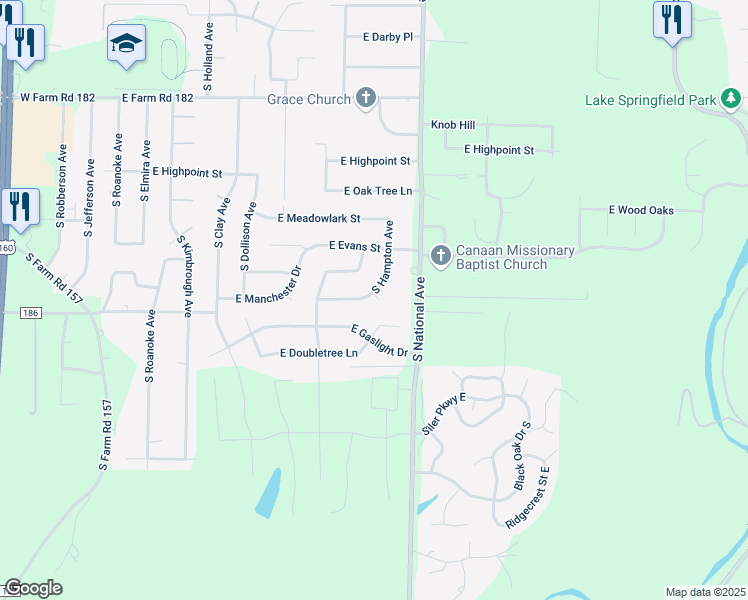map of restaurants, bars, coffee shops, grocery stores, and more near 2378 East Manchester Drive in Springfield