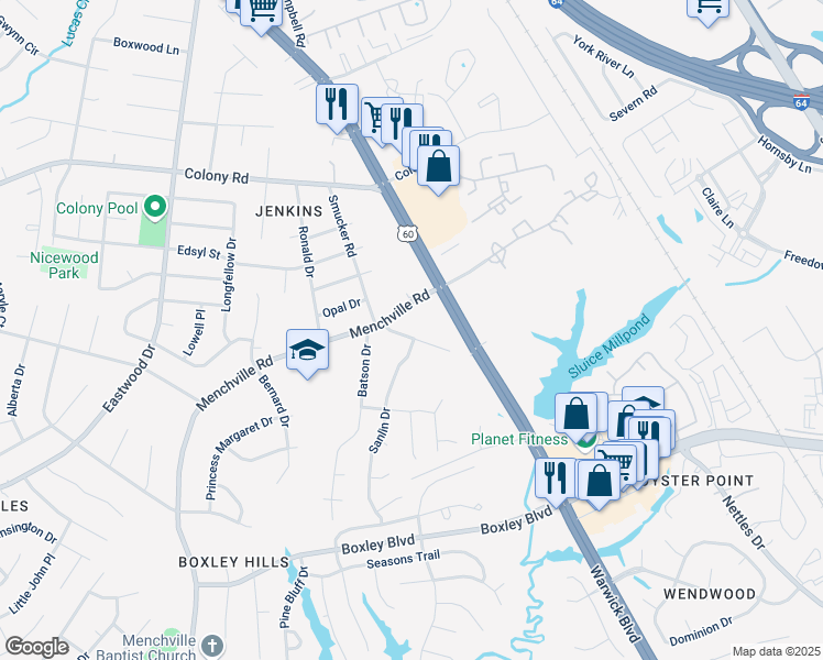 map of restaurants, bars, coffee shops, grocery stores, and more near 33 Mennonite Lane in Newport News