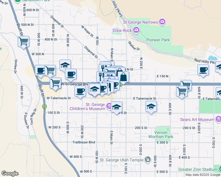 map of restaurants, bars, coffee shops, grocery stores, and more near 73 North Main Street in St. George