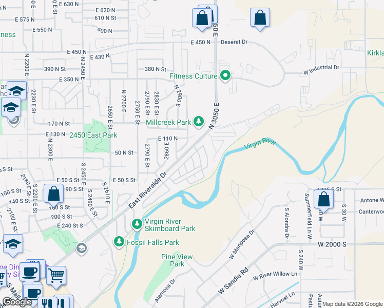 map of restaurants, bars, coffee shops, grocery stores, and more near 2990 East Riverside Drive in St. George