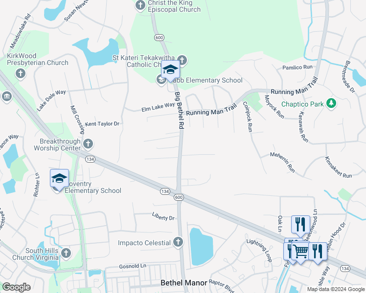 map of restaurants, bars, coffee shops, grocery stores, and more near 3410 Big Bethel Road in Yorktown