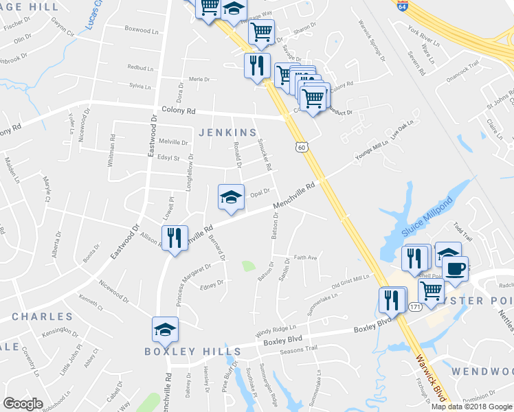map of restaurants, bars, coffee shops, grocery stores, and more near 61 Menchville Road in Newport News