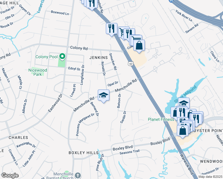 map of restaurants, bars, coffee shops, grocery stores, and more near 61 Menchville Road in Newport News