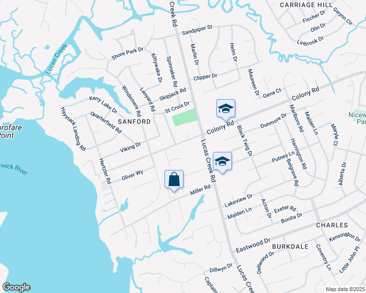 map of restaurants, bars, coffee shops, grocery stores, and more near 513 Colony Rd in Newport News