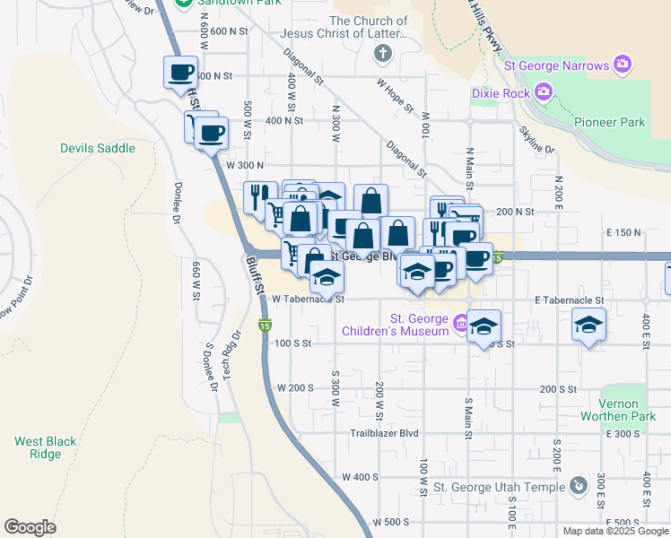 map of restaurants, bars, coffee shops, grocery stores, and more near 60 North 300 West in St. George
