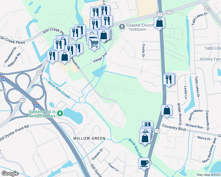 map of restaurants, bars, coffee shops, grocery stores, and more near 123 Mainsail Loop in Tabb