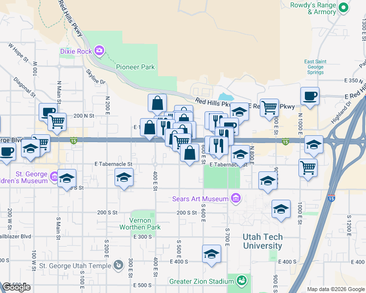map of restaurants, bars, coffee shops, grocery stores, and more near 502 Utah 34 in St. George