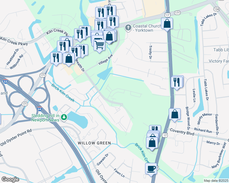 map of restaurants, bars, coffee shops, grocery stores, and more near 123 Mainsail Loop in Tabb
