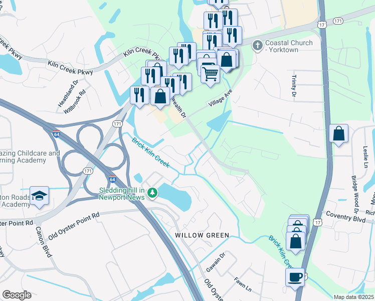 map of restaurants, bars, coffee shops, grocery stores, and more near 100 Regal Way in Newport News