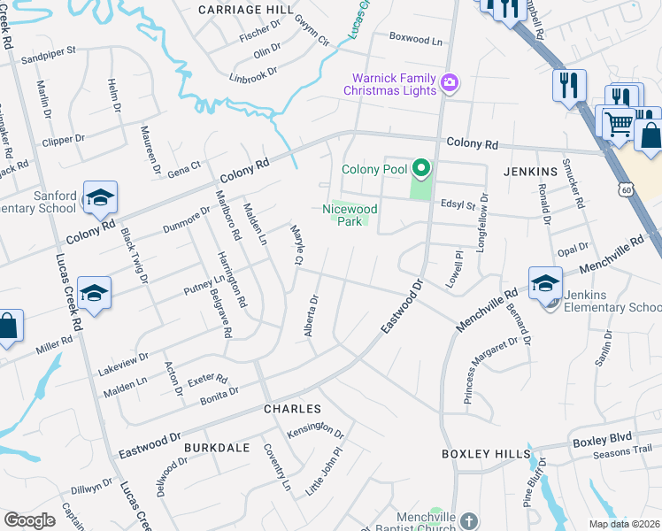 map of restaurants, bars, coffee shops, grocery stores, and more near 207 Alberta Drive in Newport News