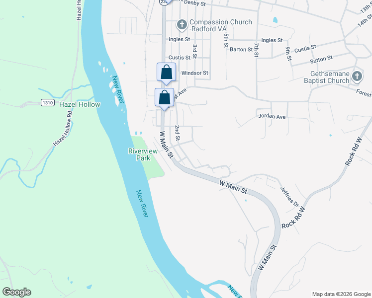 map of restaurants, bars, coffee shops, grocery stores, and more near 2436 2nd Street in Radford