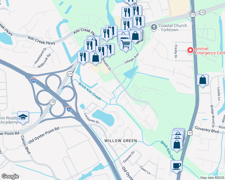 map of restaurants, bars, coffee shops, grocery stores, and more near 100 Regal Way in Newport News