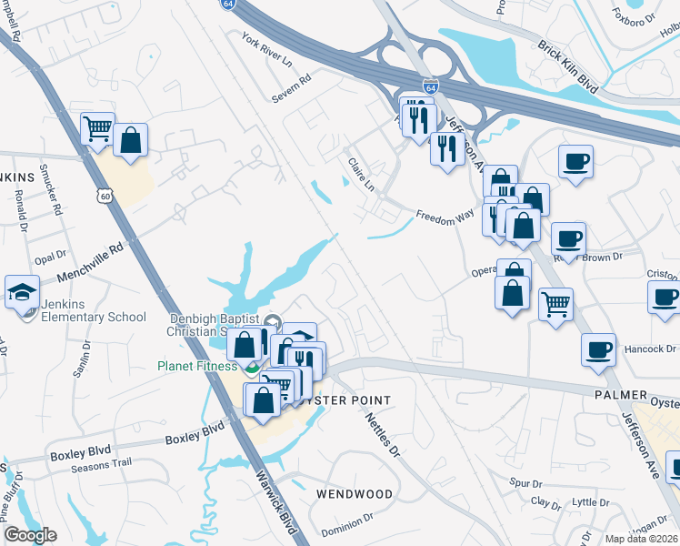 map of restaurants, bars, coffee shops, grocery stores, and more near 800 Arboretum Way in Newport News