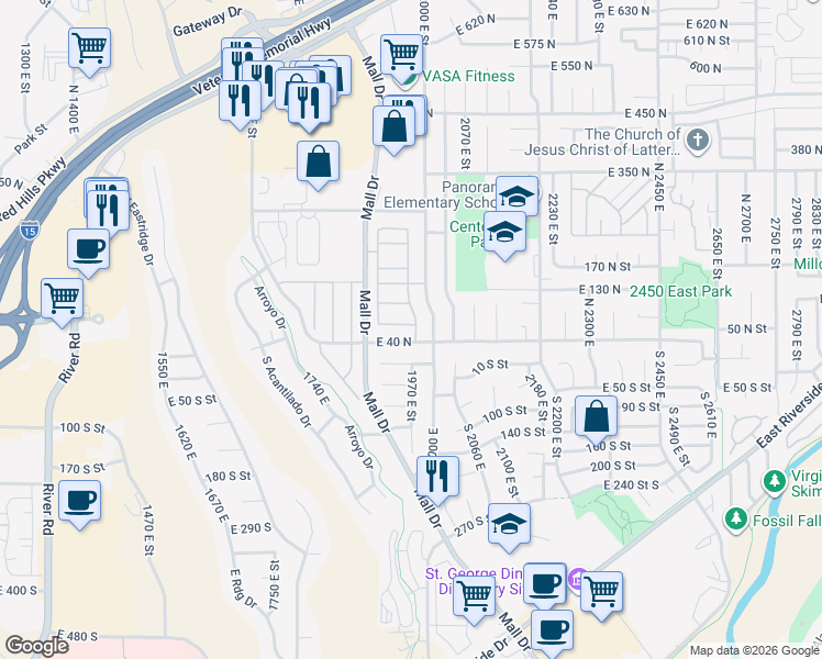 map of restaurants, bars, coffee shops, grocery stores, and more near 210 North Mall Drive in St. George