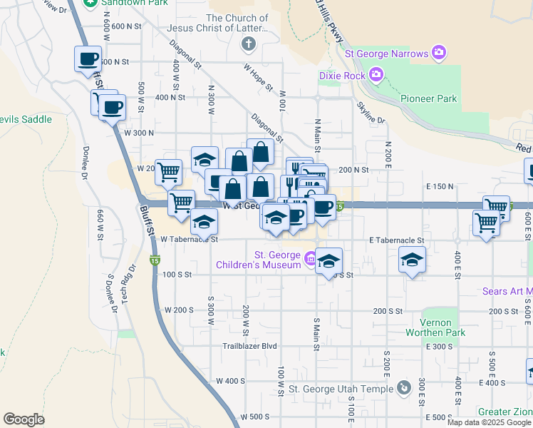 map of restaurants, bars, coffee shops, grocery stores, and more near 140 West Saint George Boulevard in St. George