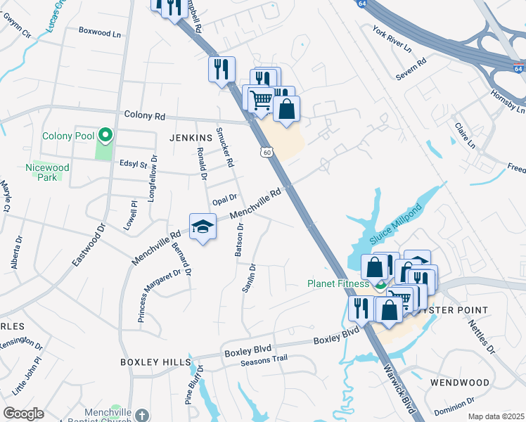 map of restaurants, bars, coffee shops, grocery stores, and more near 37 Mennonite Lane in Newport News