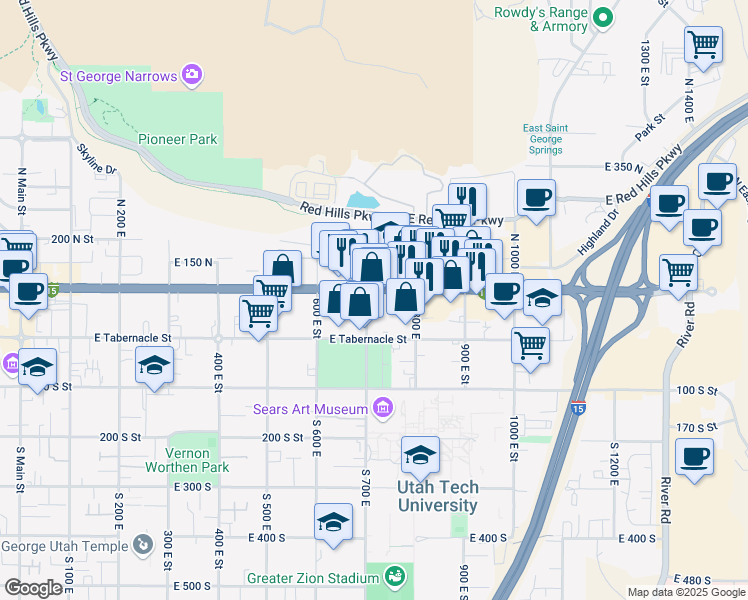 map of restaurants, bars, coffee shops, grocery stores, and more near 102 North 700 East in St. George
