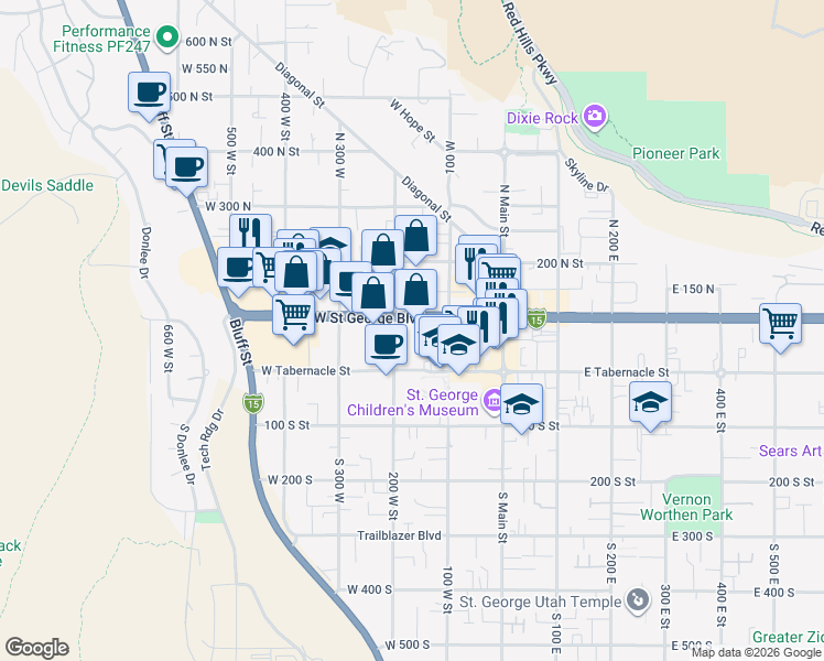 map of restaurants, bars, coffee shops, grocery stores, and more near 200e West Saint George Boulevard in St. George