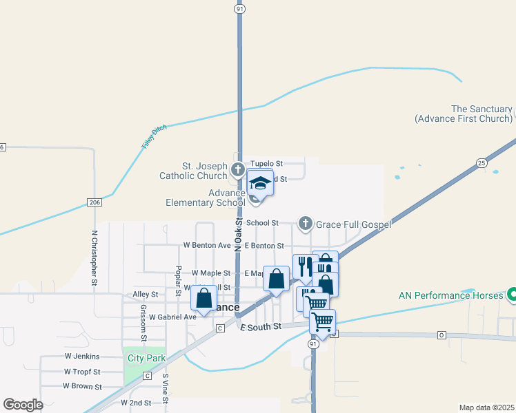 map of restaurants, bars, coffee shops, grocery stores, and more near 33790 Missouri 91 in Advance