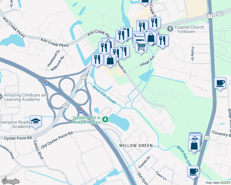 map of restaurants, bars, coffee shops, grocery stores, and more near 941 Ivystone Way in Newport News