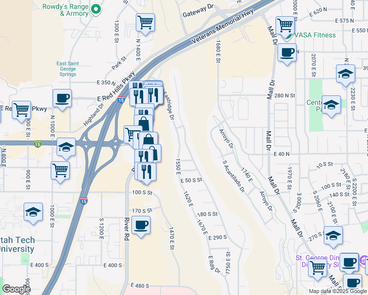 map of restaurants, bars, coffee shops, grocery stores, and more near 84 North Eastridge Drive in St. George