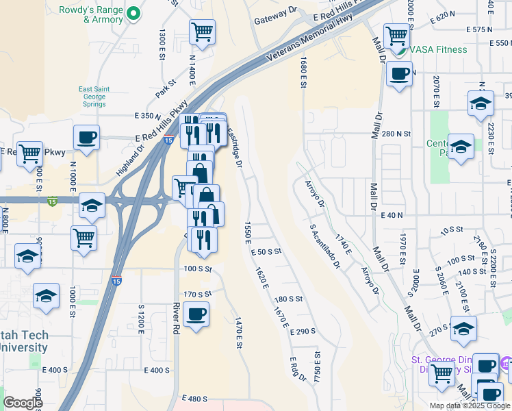 map of restaurants, bars, coffee shops, grocery stores, and more near 84 North Eastridge Drive in St. George
