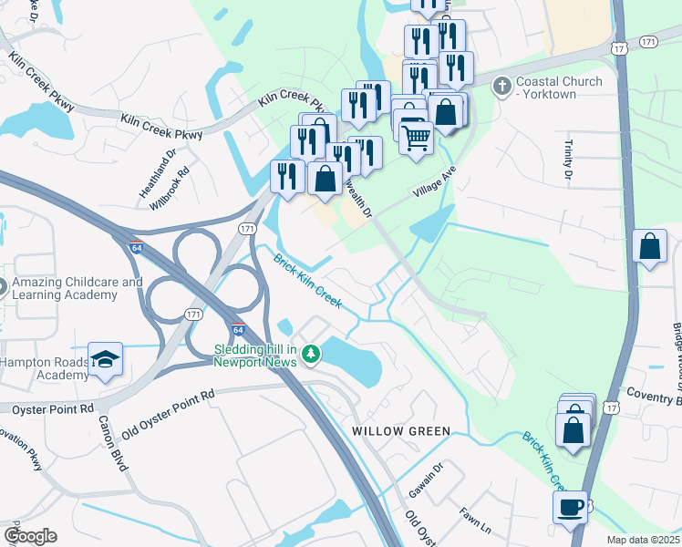 map of restaurants, bars, coffee shops, grocery stores, and more near 941 Ivystone Way in Newport News
