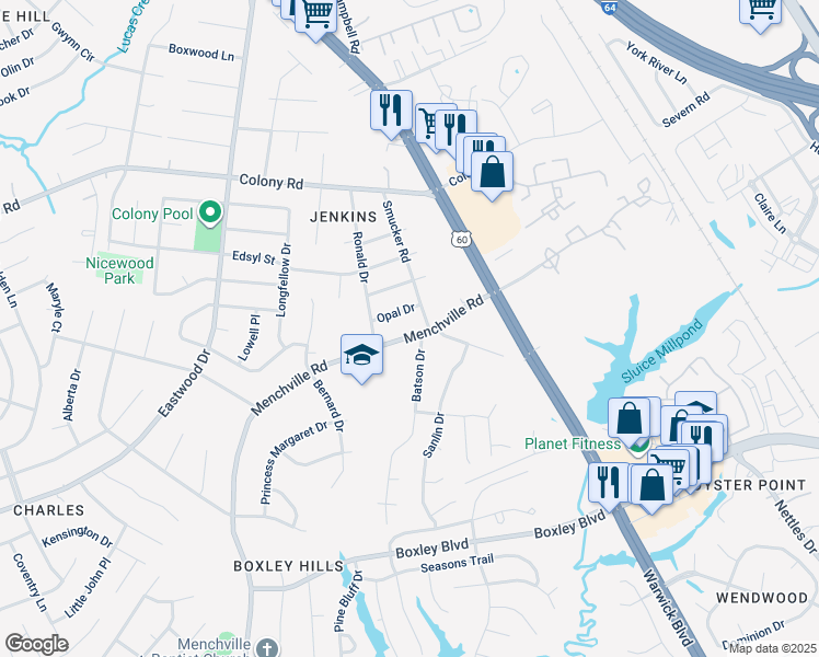 map of restaurants, bars, coffee shops, grocery stores, and more near 55 Menchville Road in Newport News
