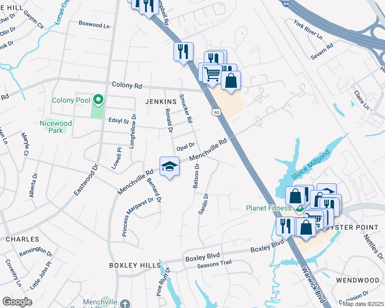 map of restaurants, bars, coffee shops, grocery stores, and more near 55 Menchville Road in Newport News