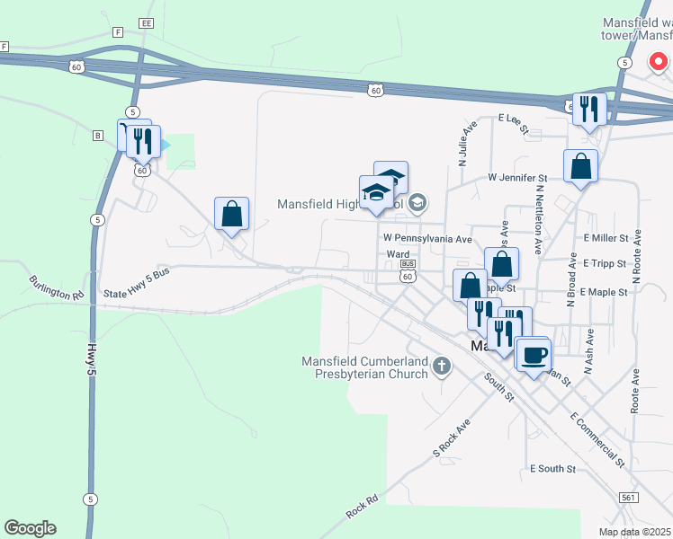map of restaurants, bars, coffee shops, grocery stores, and more near 624 West Commercial Street in Mansfield