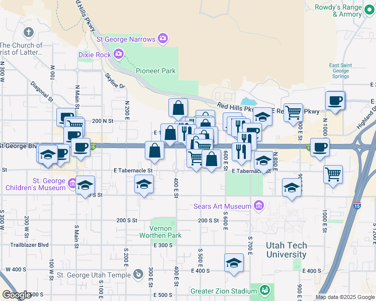 map of restaurants, bars, coffee shops, grocery stores, and more near 401-441 Saint George Boulevard in St. George